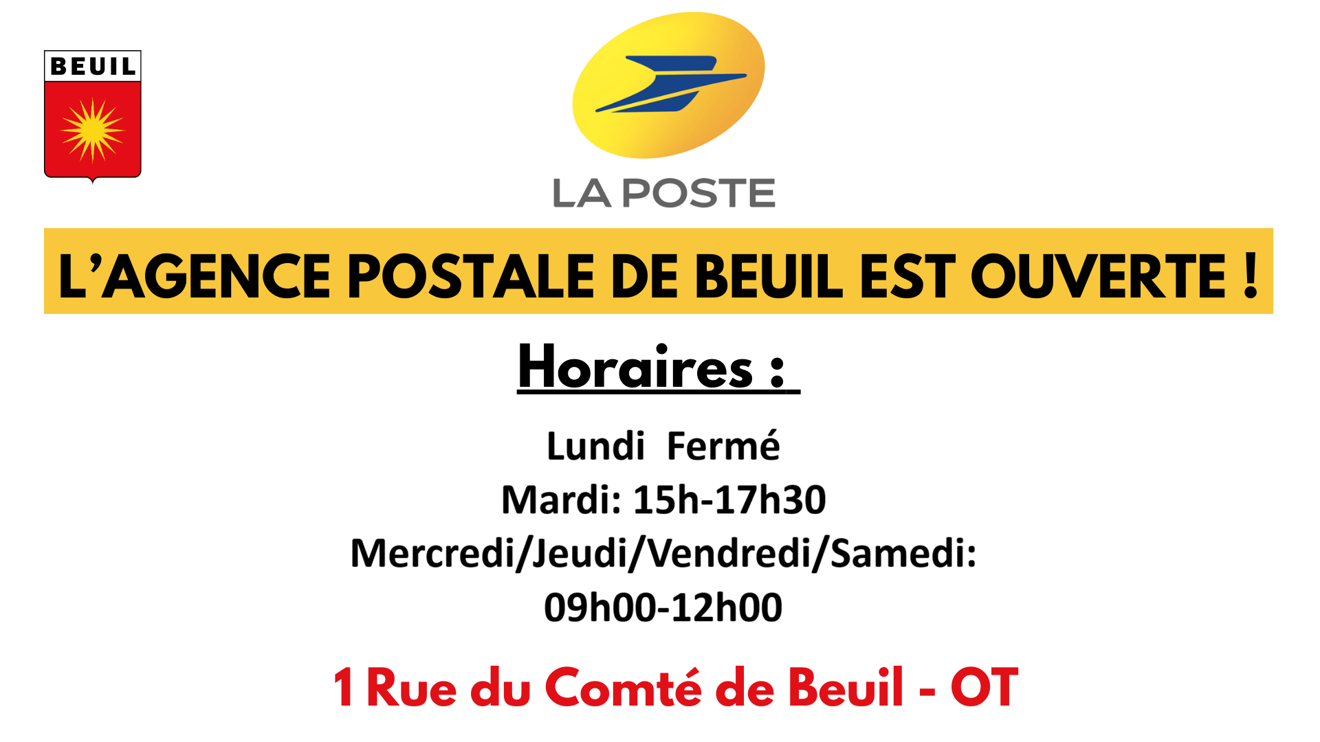 Lagence Postale De Beuil Est Ouverte Horaires Lundi Mardi Vendredi Samedi De 9h00 A 12h00 Mercredi De 15h00 A 18h00